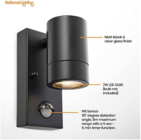 National Lighting PIR Outdoor Security Light - Matt Black IP44 Wall Lantern