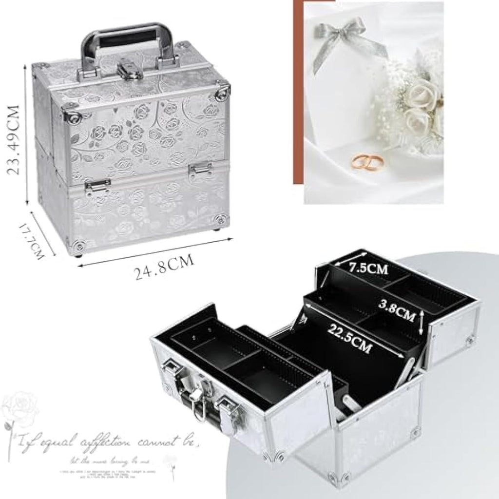 Jolof Store Makeup Train Case | Silver Rose Aluminum Beauty Box