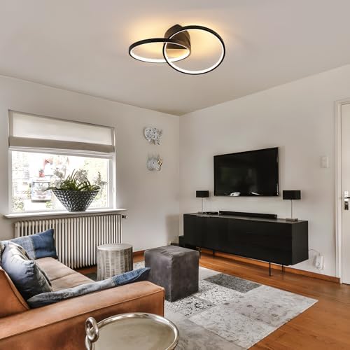 Dorlink Modern LED Ceiling Light – 33W Dual-Round Black Flush Mount, 3000K
