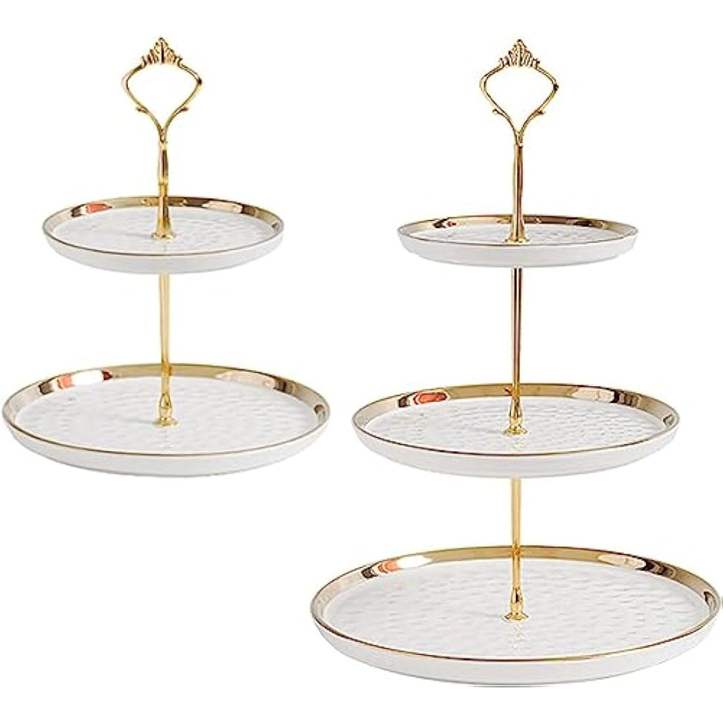 MEETOZ 2-Set White Porcelain Tiered Cupcake Stand with Gold Rods