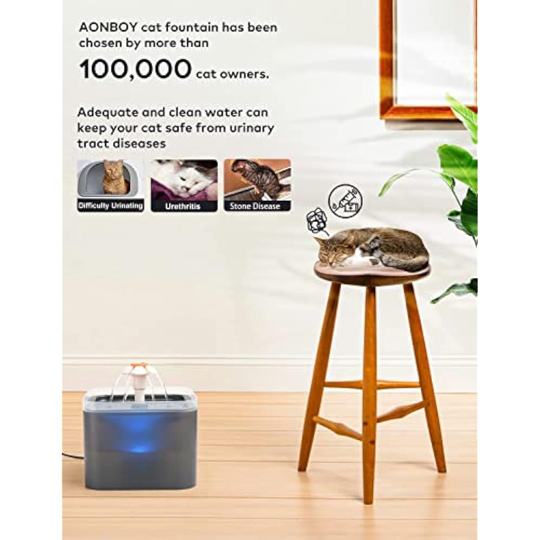 AONBOY Cat Water Fountain - 2L Automatic Pet Dispenser with 6 Filters