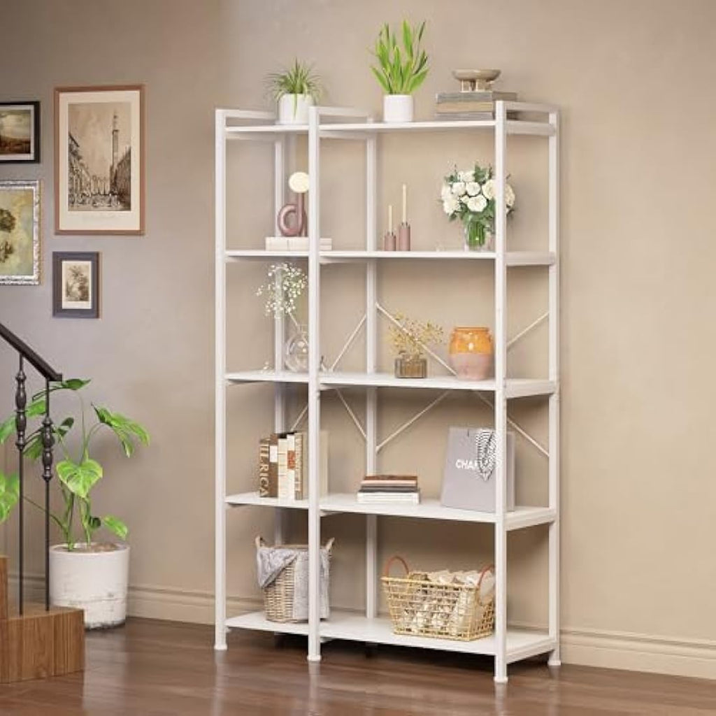 VEDECASA 5-Tier Corner Bookshelf – L-Shaped Industrial Display Rack, White