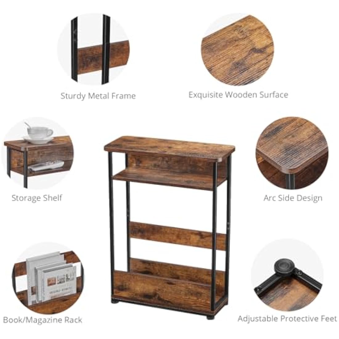 Jolof Store Narrow Side Table – Industrial Nightstand with Magazine Rack