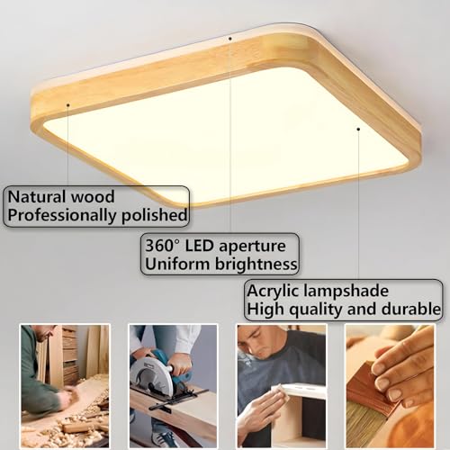 YYUTLUO Wood LED Ceiling Light – 18W Square Flush Mount 360 Glow Lamp