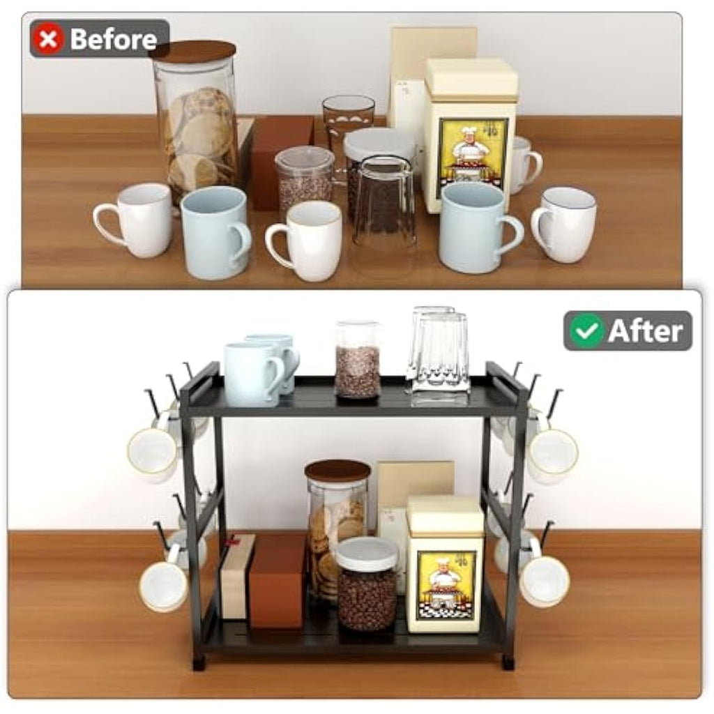 Bethom 2-Tier Coffee Cup Holder – 12 Hook Metal Mug Rack & Station Organizer