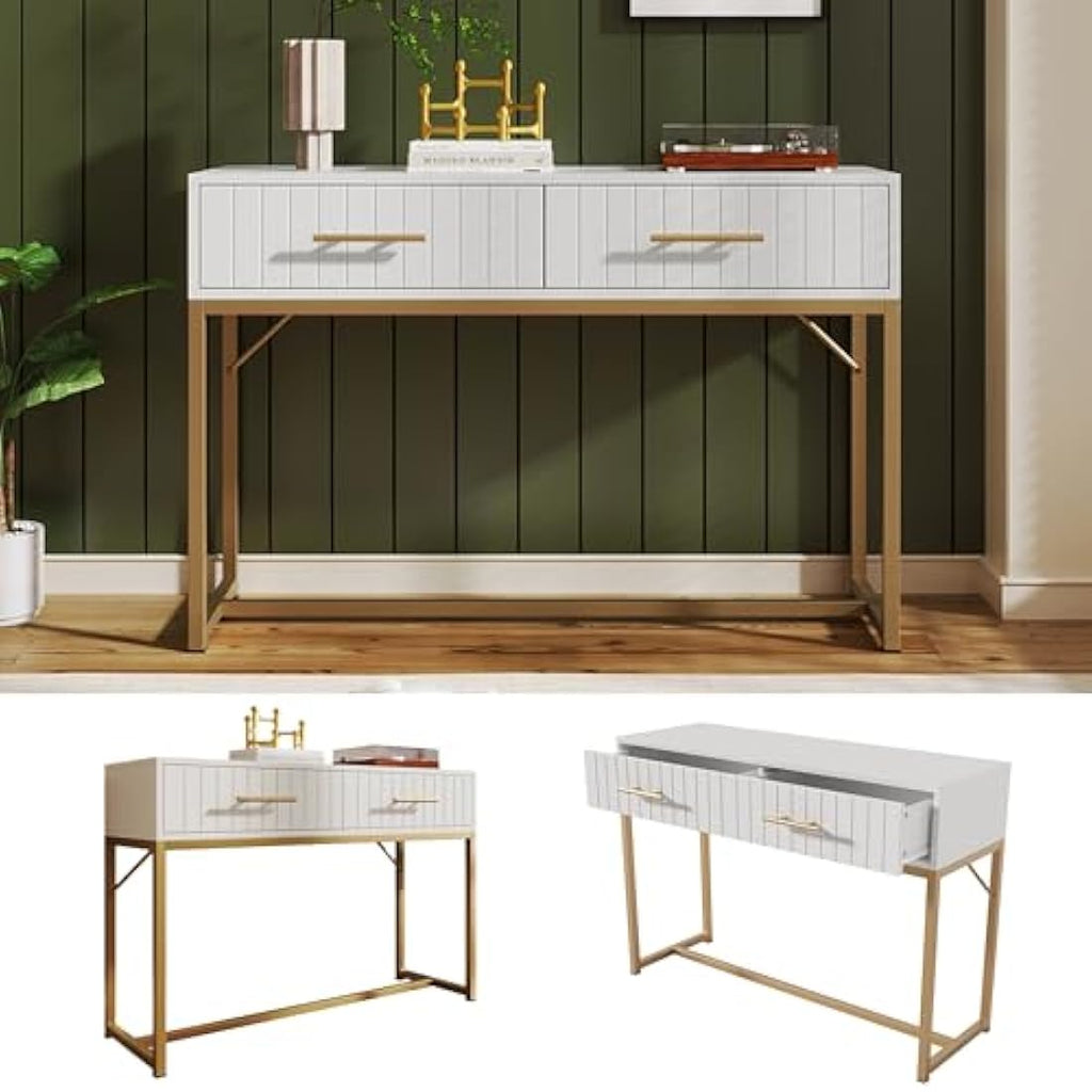 Merax Modern White Wooden Dressing Table with Ribbed Drawers