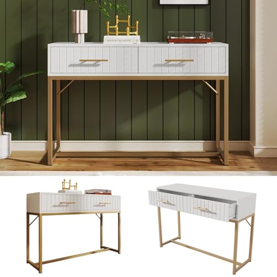 Merax Modern White Wooden Dressing Table with Ribbed Drawers