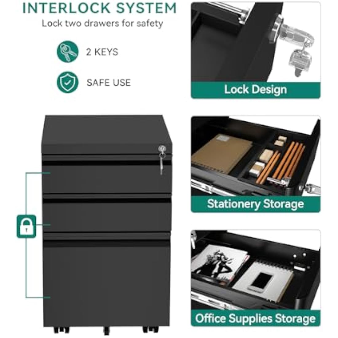 YITAHOME 3-Drawer Mobile File Cabinet | Lockable Steel Under Desk Storage
