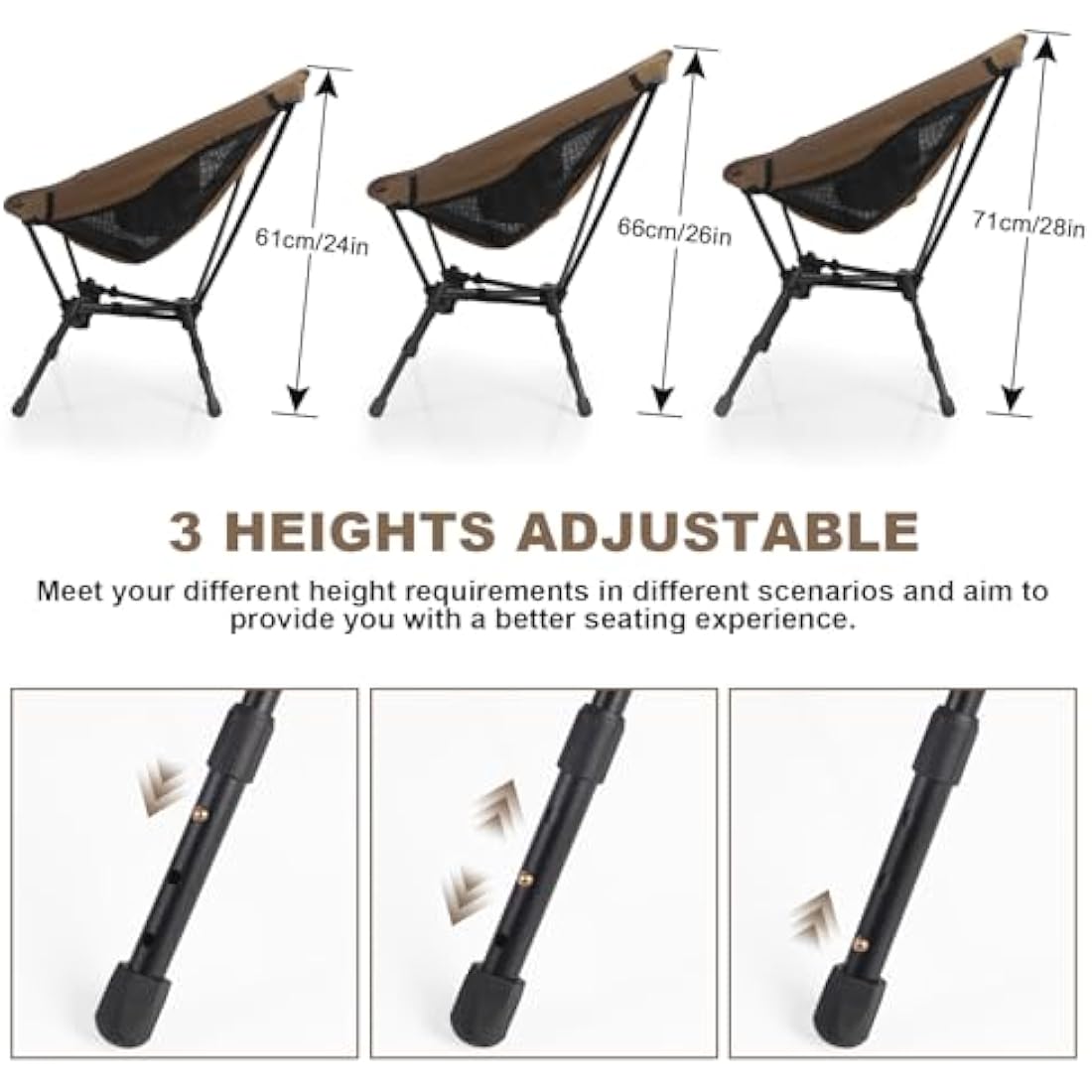 Ultralight Folding Camping Chair – Adjustable Height, Khaki