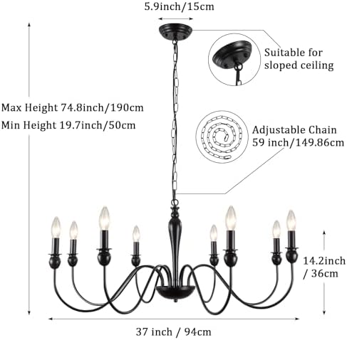 ASHUAQI Black 8-Light Farmhouse Chandelier | Vintage Candle Ceiling Light