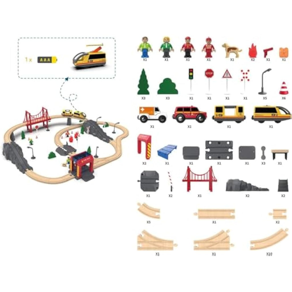 Giant Bean 72-Piece Wooden Train Set | Fire Station Toy Railway Kit