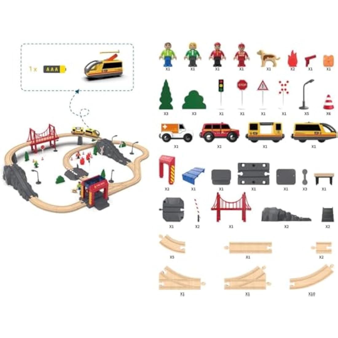 Giant Bean 72-Piece Wooden Train Set | Fire Station Toy Railway Kit
