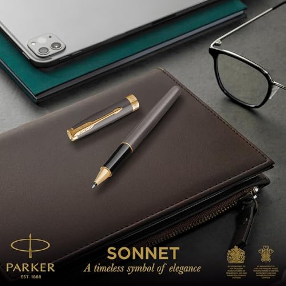 Parker Sonnet Rollerball Pen – Grey Lacquer with Gold Trim, Fine Point
