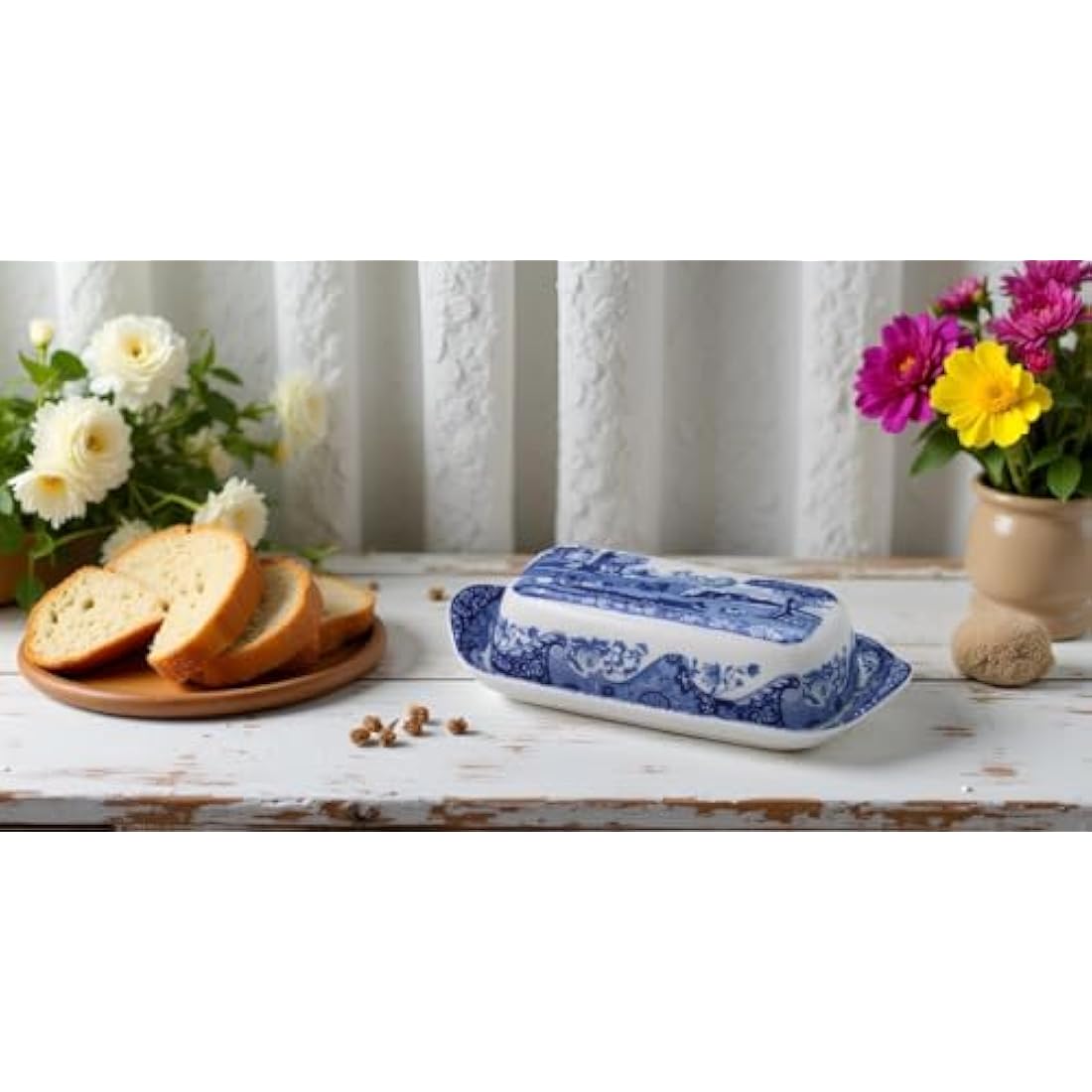 Spode Blue Italian Ceramic Covered Butter Dish - Fine China Tableware