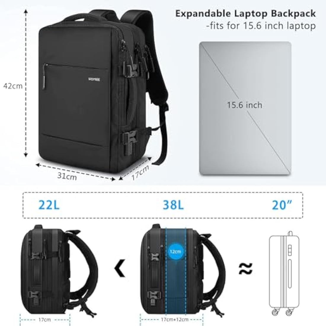 HOMIEE Expandable Cabin Bag | 38L Flight Approved Travel Laptop Backpack