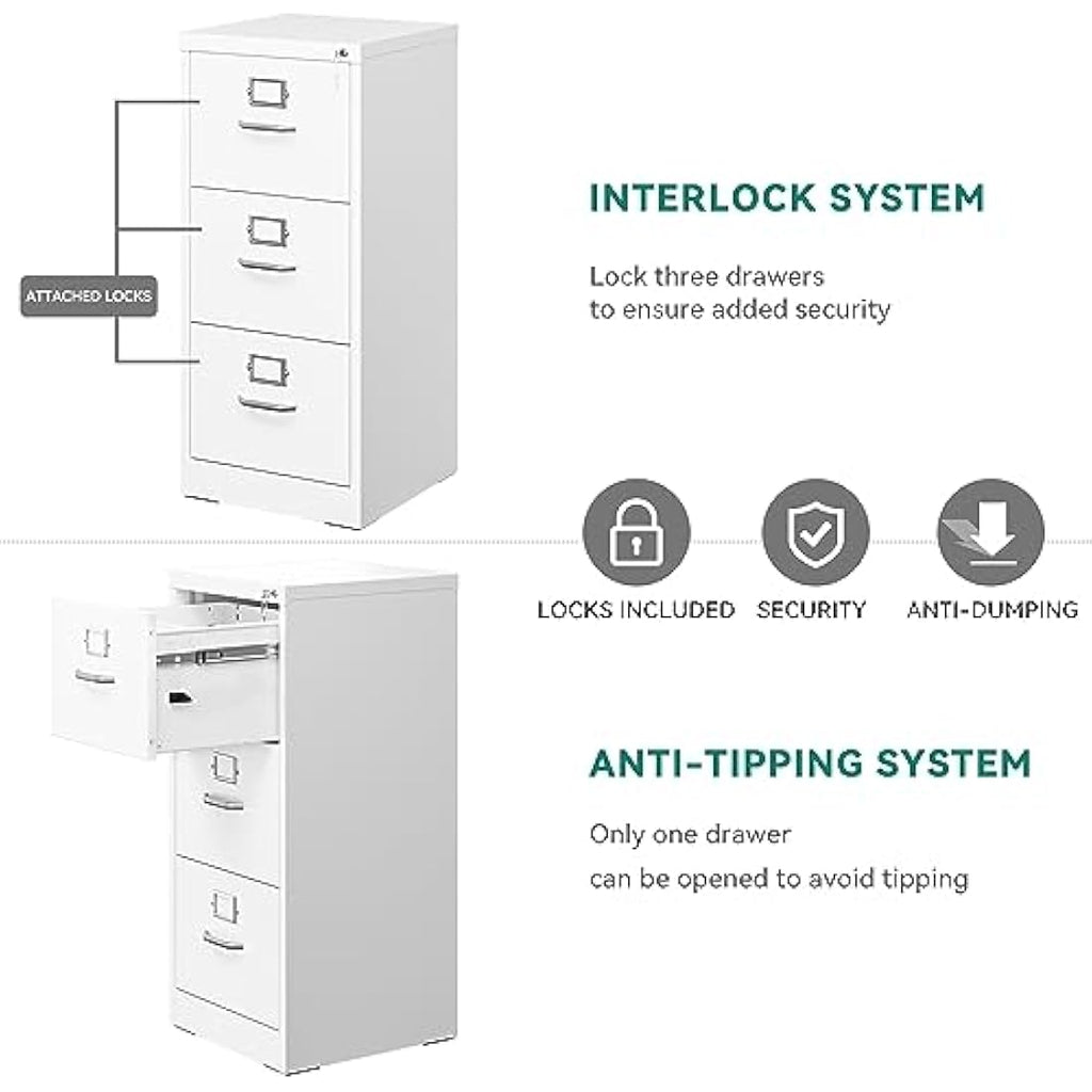 YITAHOME 3-Drawer Vertical File Cabinet | Lockable White Steel Storage