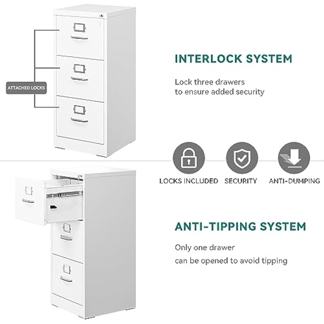 YITAHOME 3-Drawer Vertical File Cabinet | Lockable White Steel Storage