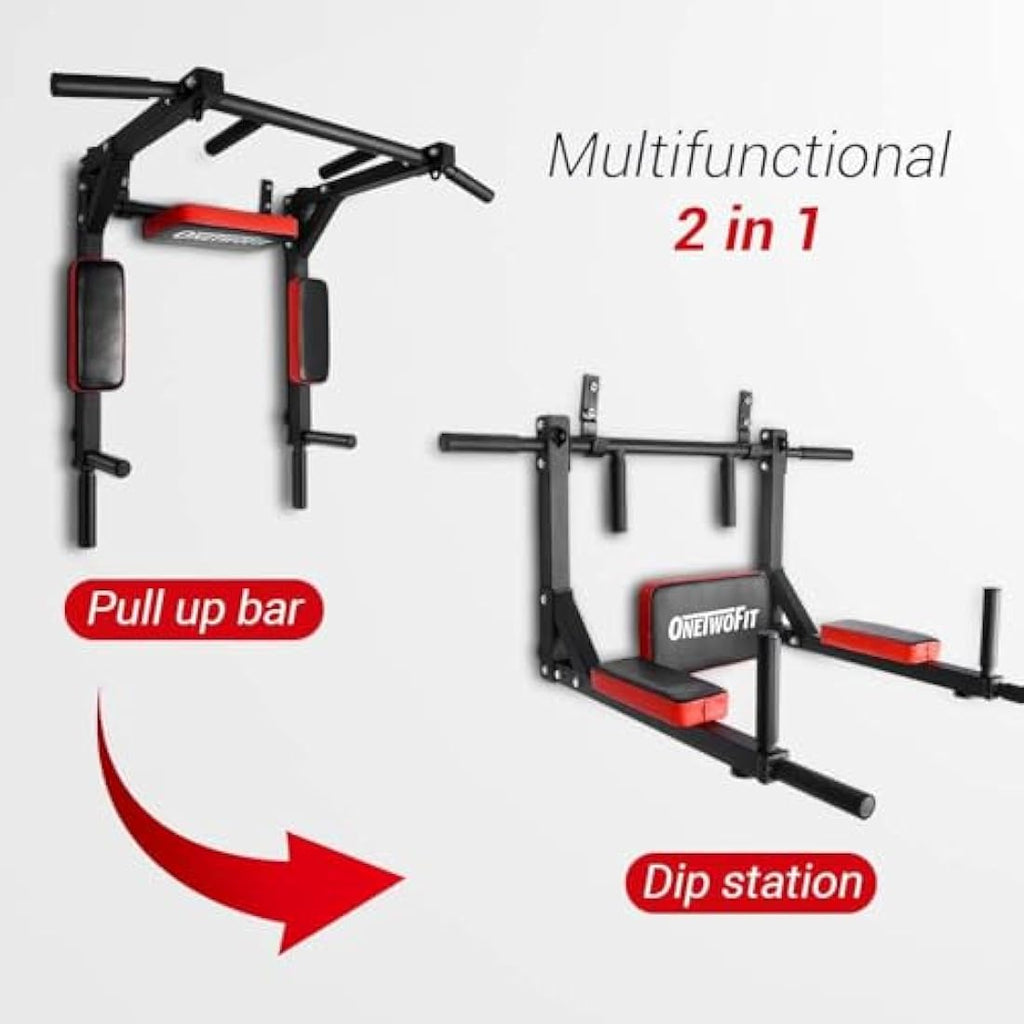 ONETWOFIT Wall Mounted Pull Up Bar & Dip Station - 440lb Home Gym Tower
