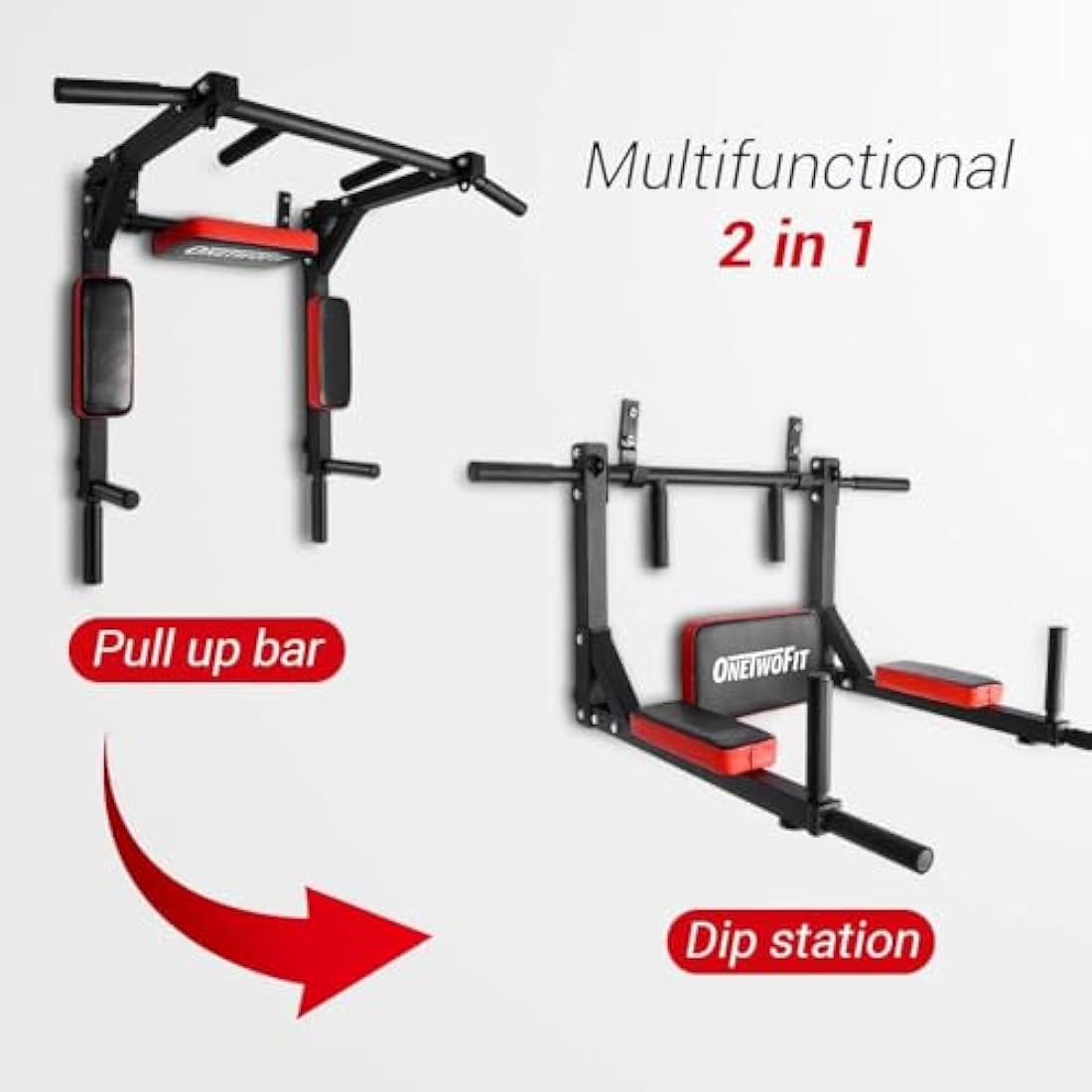 ONETWOFIT Wall Mounted Pull Up Bar & Dip Station - 440lb Home Gym Tower