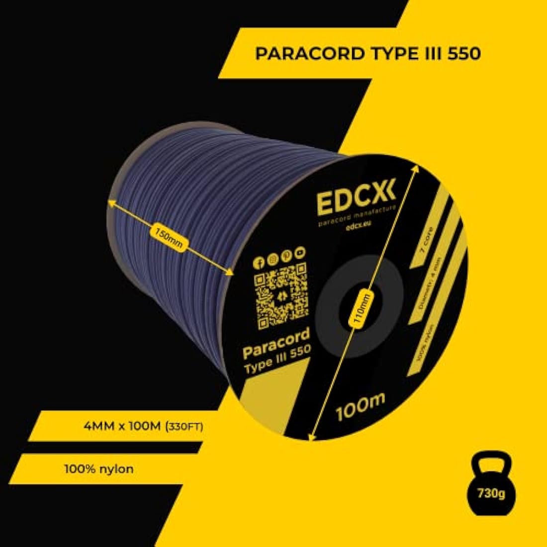 EDCX 550 Paracord Type III – 4mm Nylon Rope for Camping and DIY Crafting