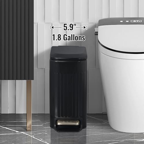 ELPHECO Slim Bathroom Trash Can | 1.8 Gal Matte Black Stainless Steel
