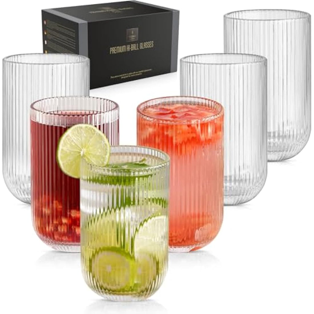 TKNO Ribbed Highball Glasses – 410ml Origami Style Fluted Tumblers, Set of 6