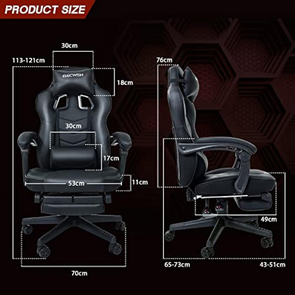 Fullwatt Gaming Chair with Footrest and Massage Lumbar - PU Leather Black