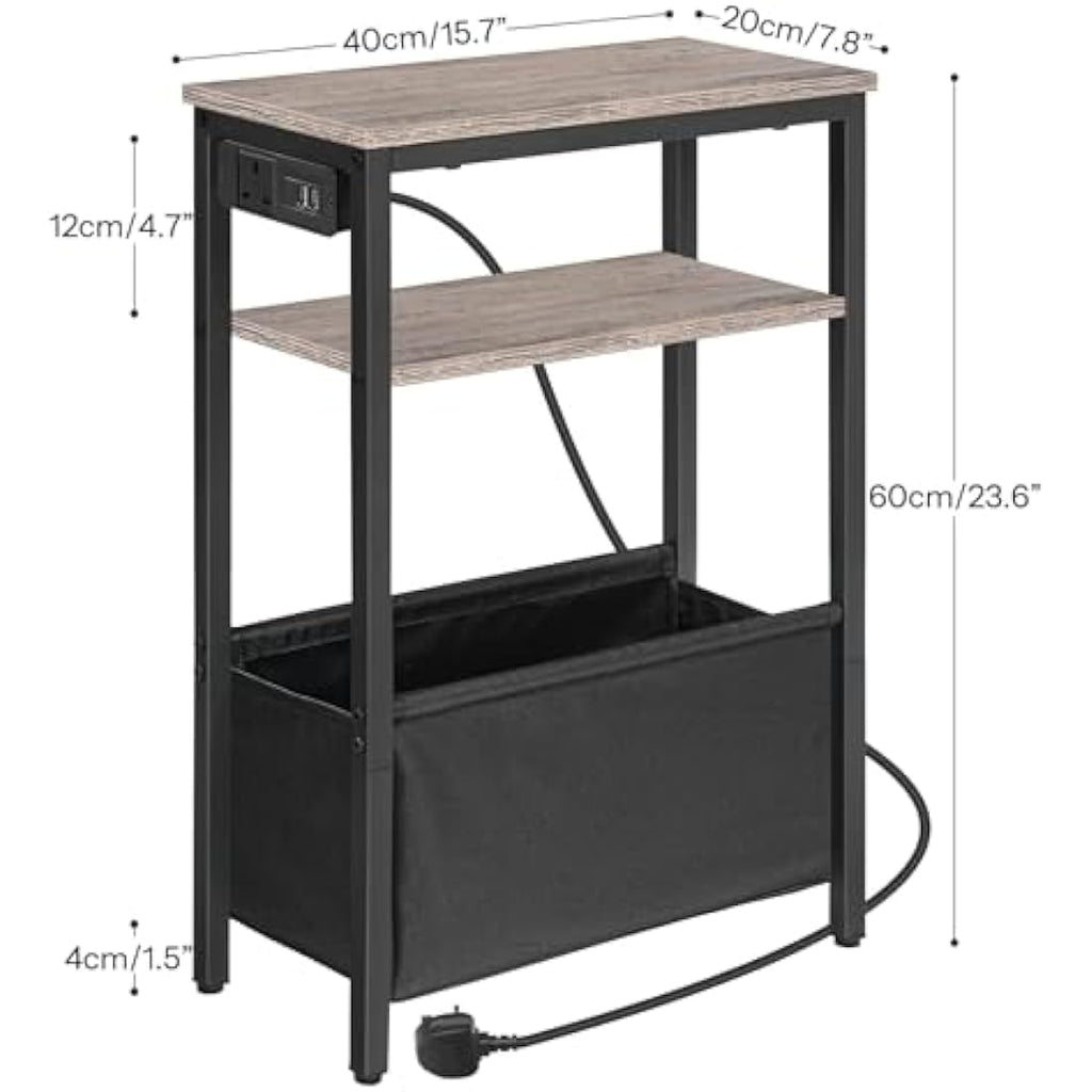 HOOBRO Narrow Side Table with Charging Station and USB Ports – Greige