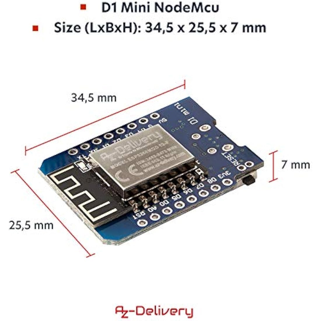 AZDelivery D1 Mini NodeMcu WiFi Board ESP8266-12F CH340G - 5 Pack