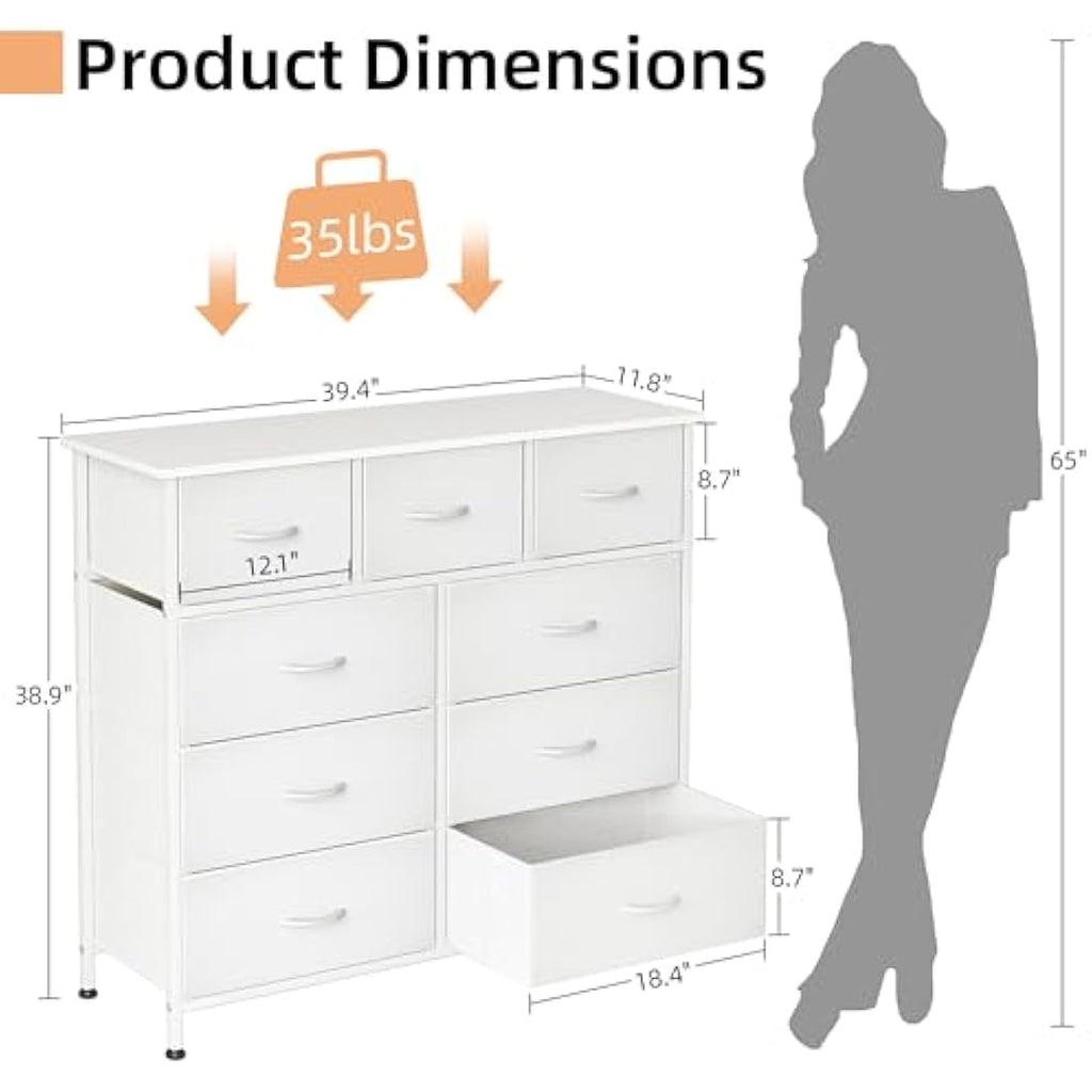 CAIYUN 9-Drawer Fabric Dresser | White Storage Chest with Wood Top