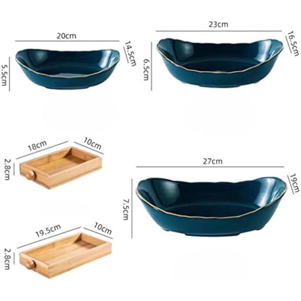 3-Tier Ceramic Fruit Bowl Set with Bamboo Stand – Dark Green