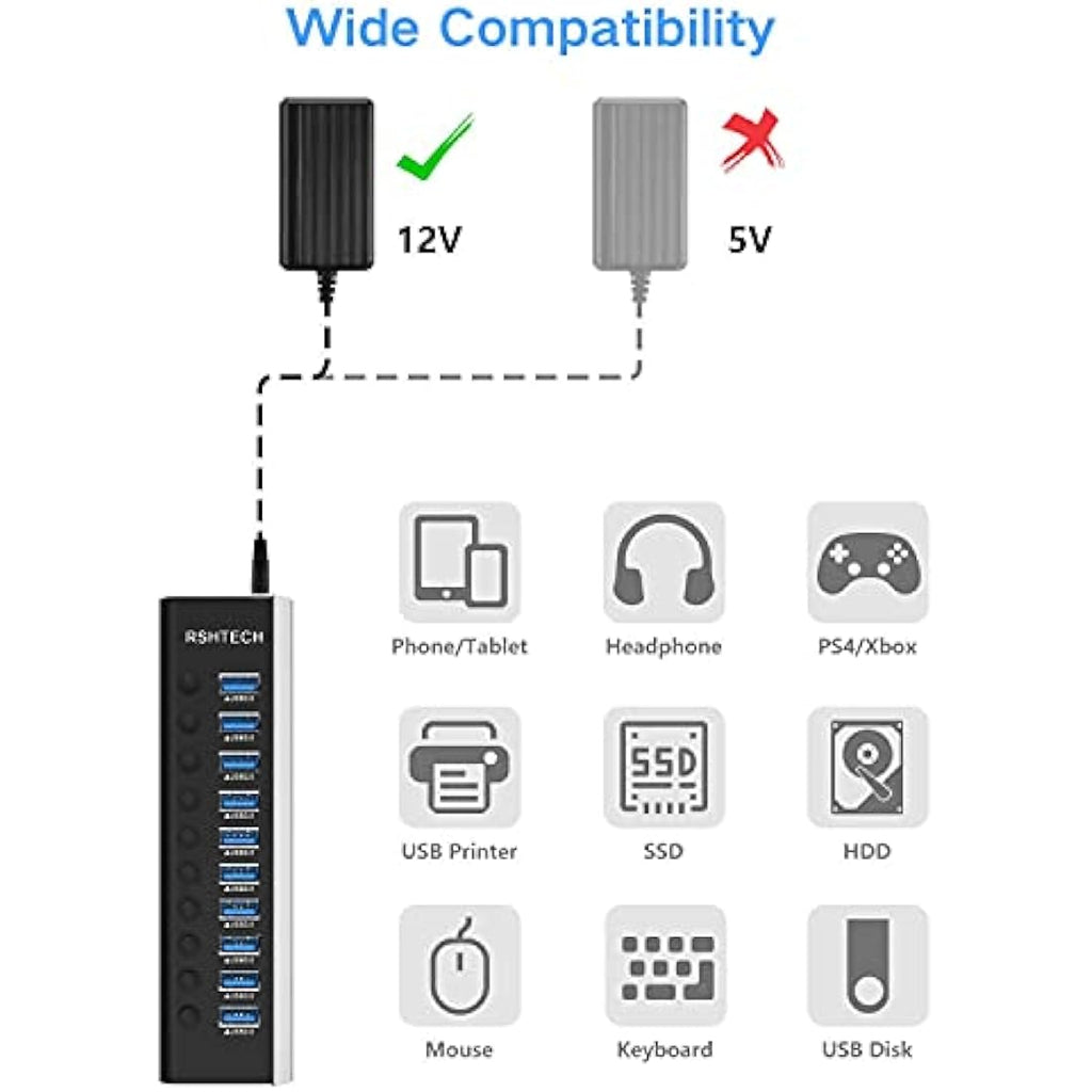 RSHTECH 10-Port Powered USB 3.0 Hub | Aluminum Data Hub with 12V Adapter