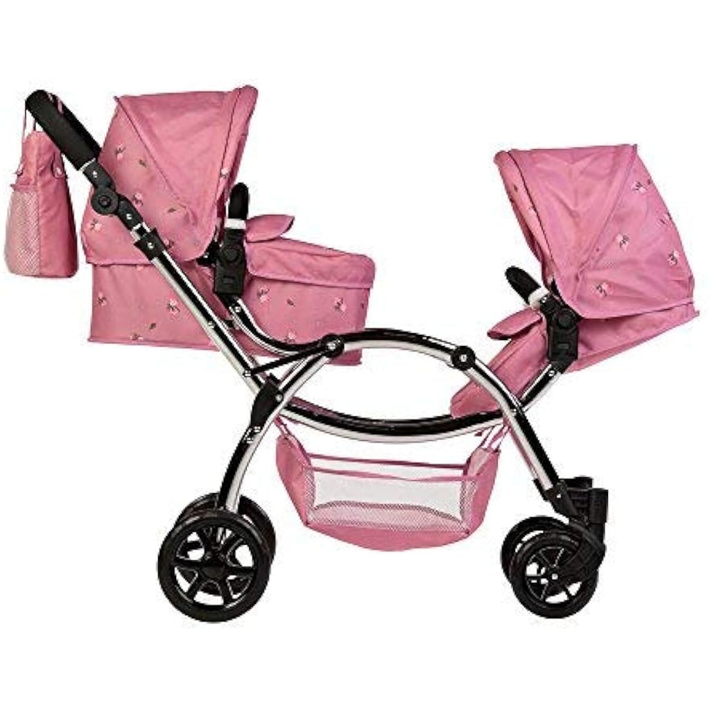 Roma Darcie Twin Dolls Pram in Pink | Adjustable Handle Double Buggy