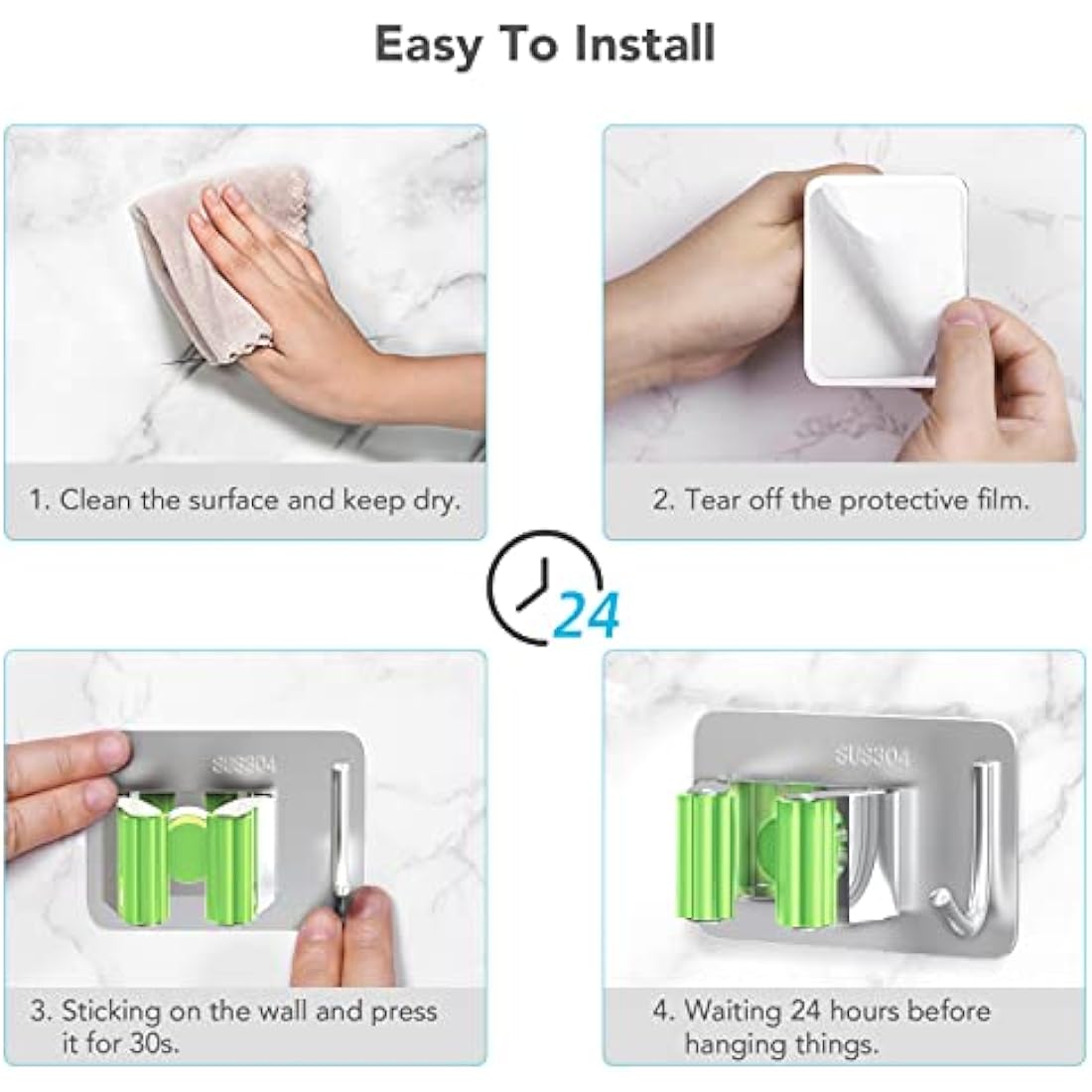 Homeasy Mop and Broom Holder – 4 Pcs Stainless Steel Wall Mount (Green)
