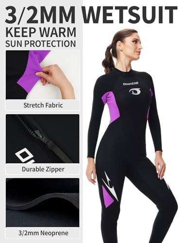 Owntop Women's 3/2mm Full Wetsuit | Neoprene Back Zip Diving Suit - Purple