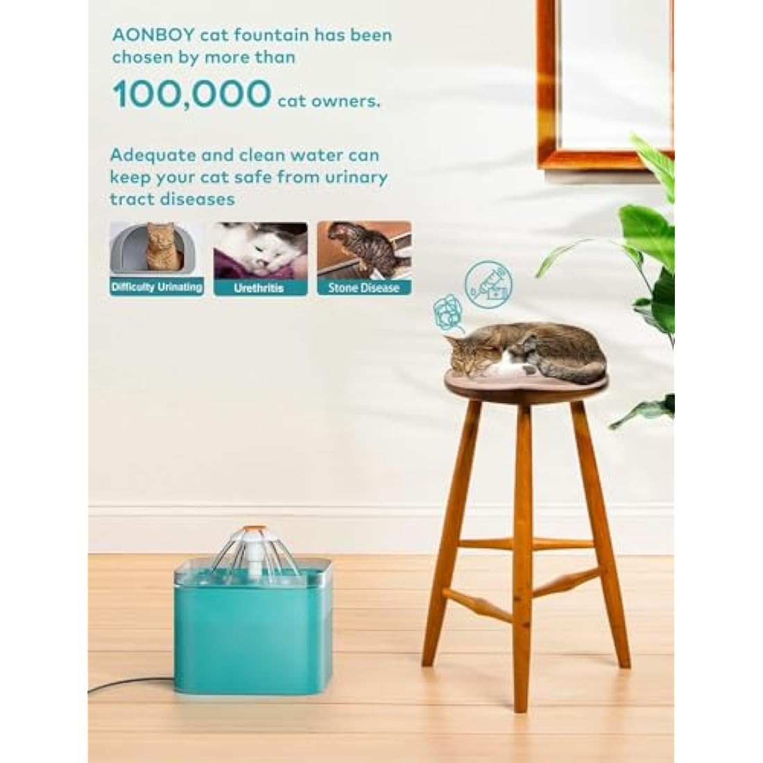 AONBOY Cat Water Fountain - 2L Automatic Pet Dispenser with 6 Filters
