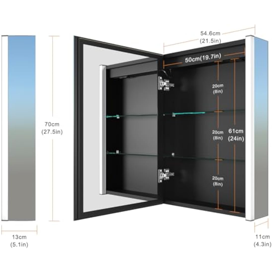 KWW LED Medicine Cabinet with Defogger | Wall Mounted Mirror (55 x 70 cm)