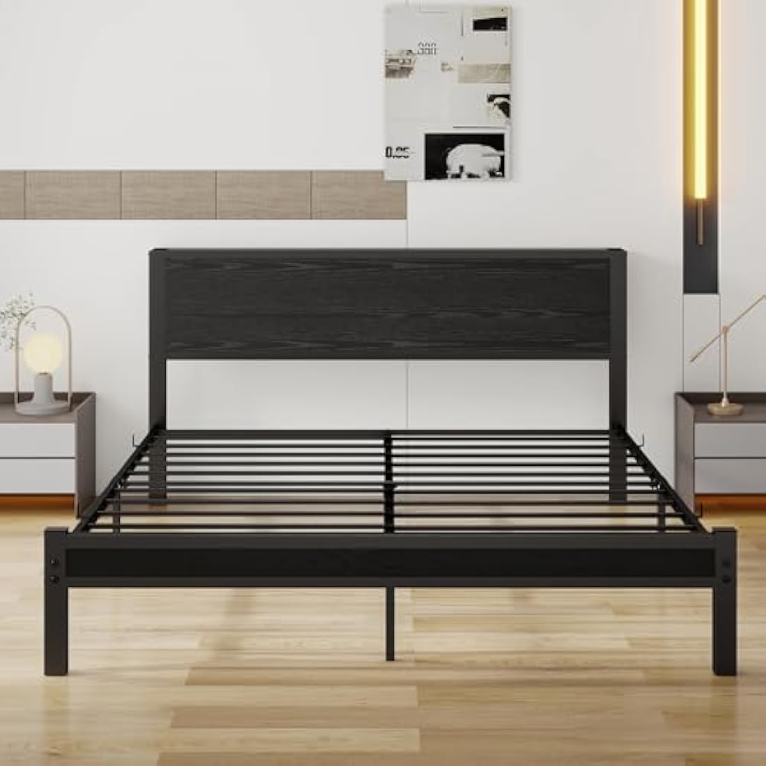 DUMEE King Size Metal Bed Frame with Storage Headboard – Black