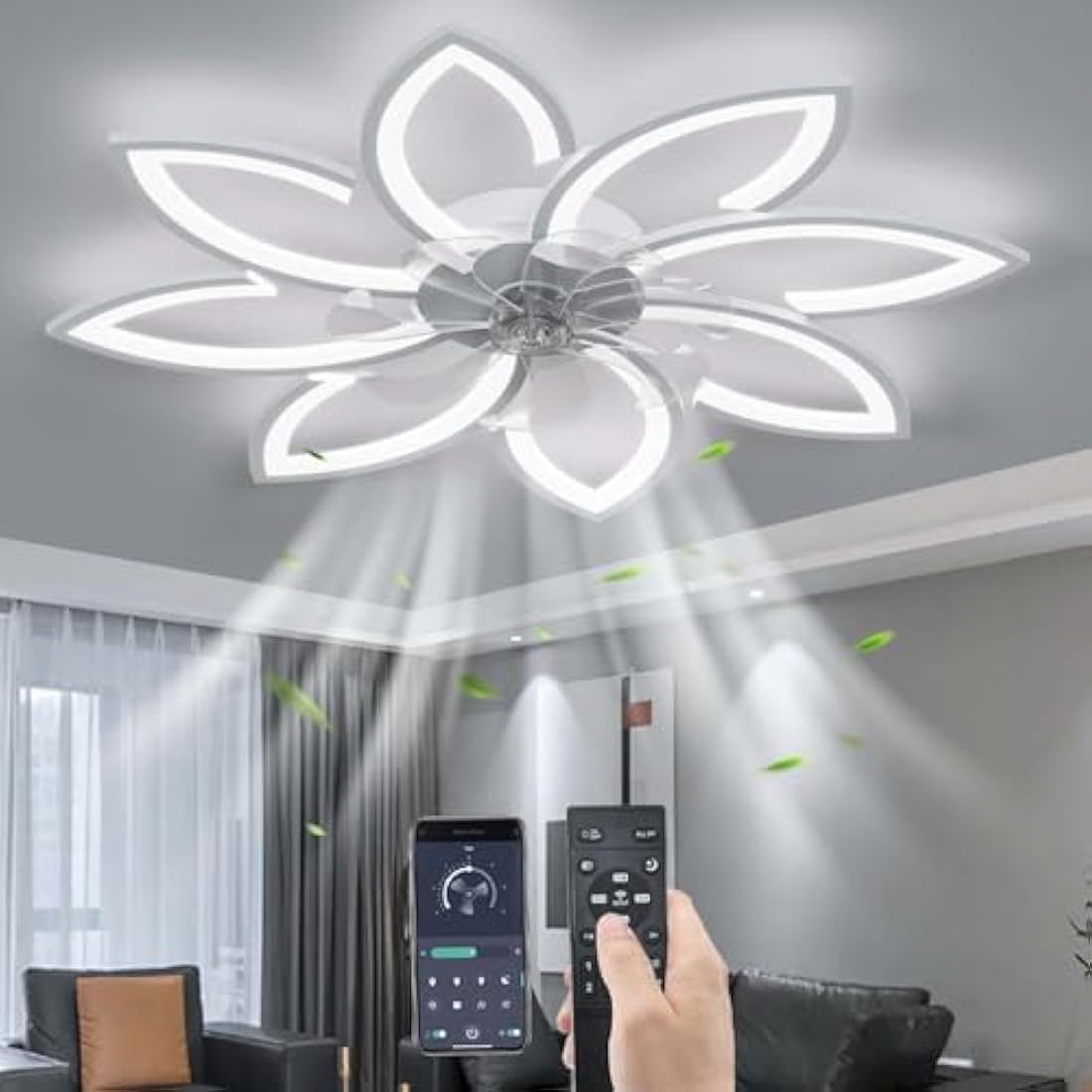 YUNZI Modern Petal Ceiling Fan with Dimmable LED Light and Remote, 90CM