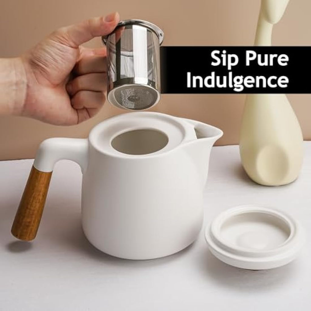 MIAMIO Ceramic Tea Pot Set with Infuser, 4 Mugs and Bamboo Saucers - White