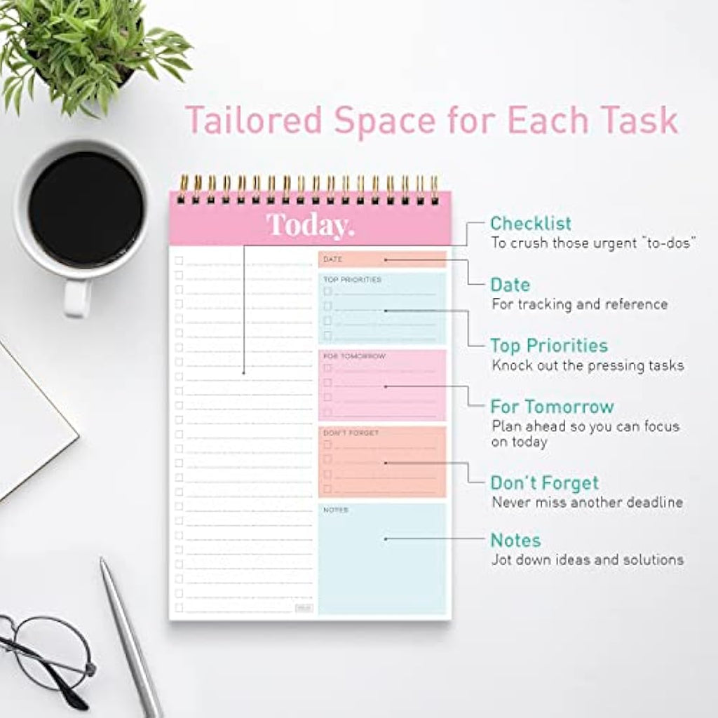 S&O Undated Daily Planner Notepad | 52-Page Coiled To-Do List - Pink