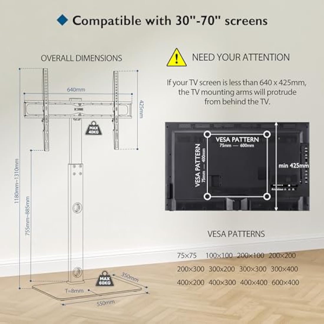 BONTEC TV Floor Stand for 30-70 inch TVs | Swivel & Height Adjustable White