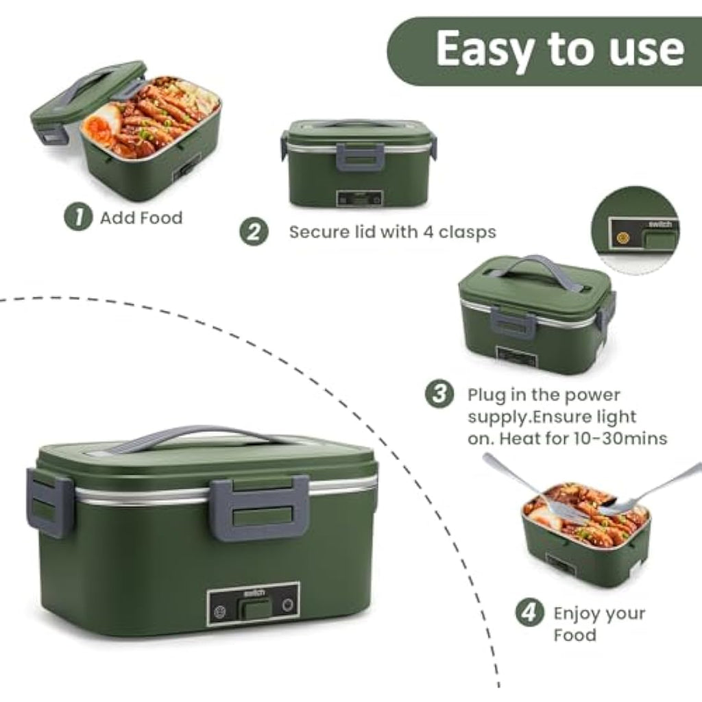BYbrutek 100W Electric Lunch Box – 1.8L Stainless Steel Food Warmer (Green)
