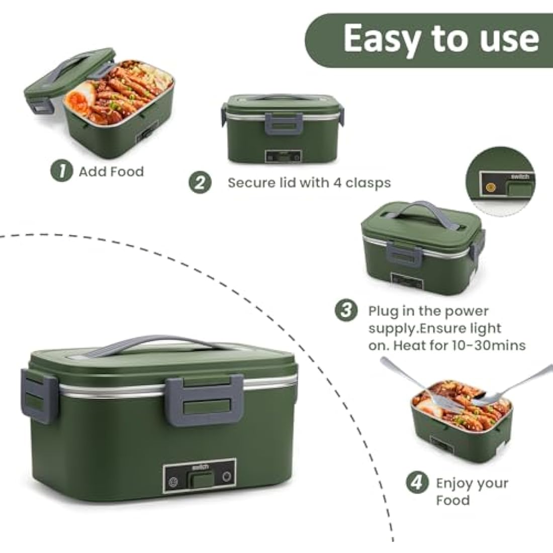 BYbrutek 100W Electric Lunch Box – 1.8L Stainless Steel Food Warmer (Green)