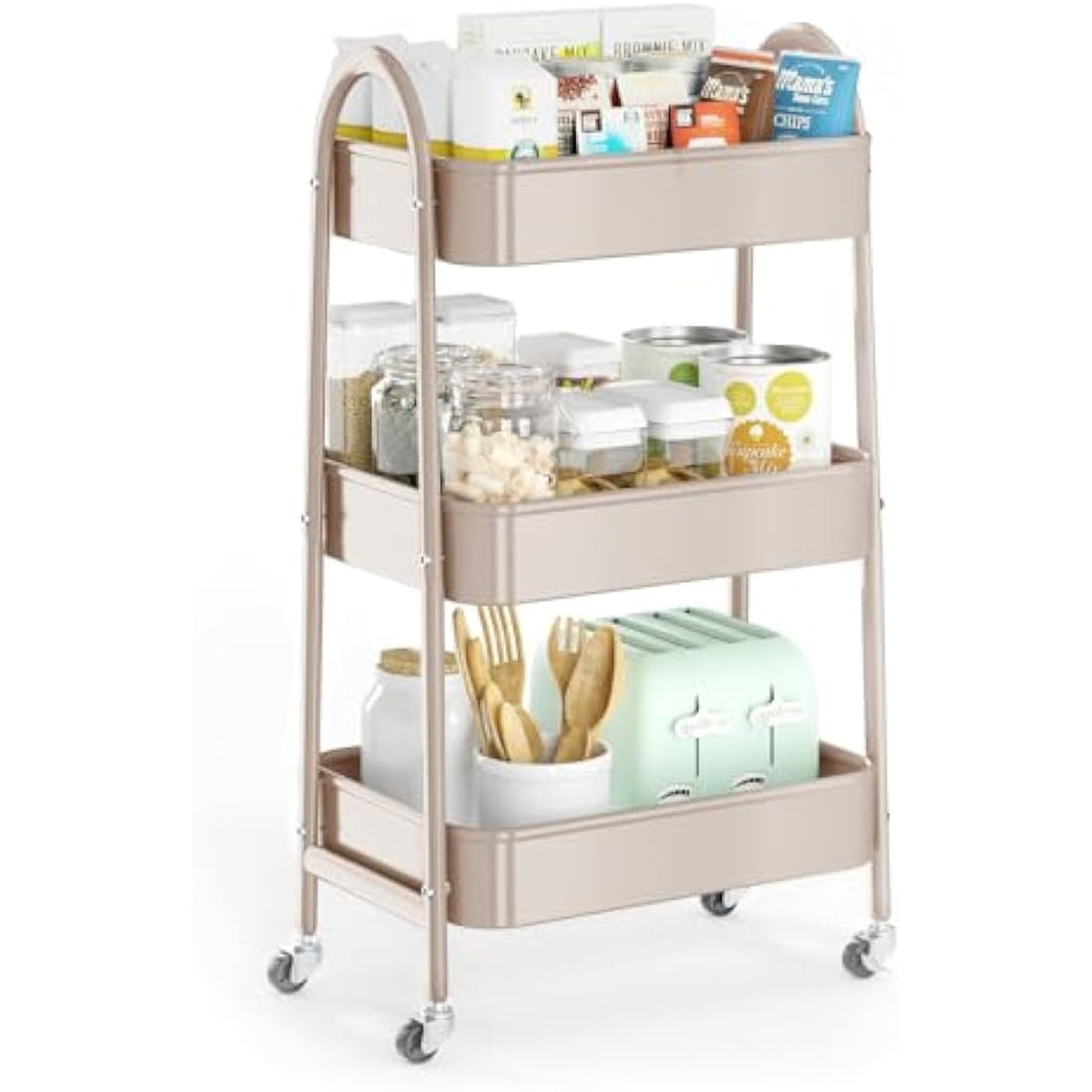 EAGMAK 3-Tier Metal Utility Rolling Cart with Handle and Wheels - Beige
