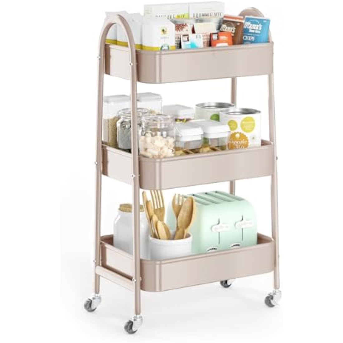 EAGMAK 3-Tier Metal Utility Rolling Cart with Handle and Wheels - Beige