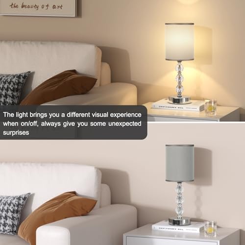 Aooshine Crystal Grey Touch Table Lamp | 3-Way Dimmable with USB C+A Ports
