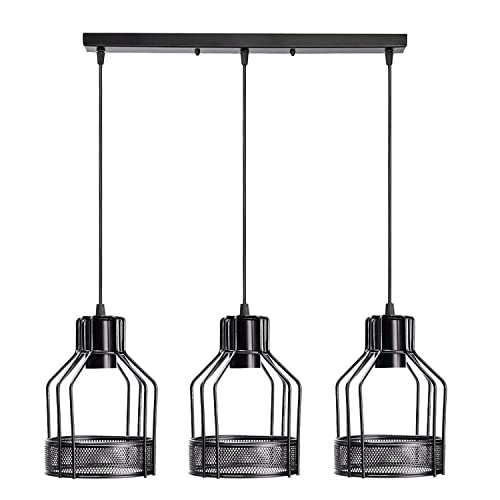 LEDSone Industrial 3-Light Bird Cage Pendant Lamp – Black Metal E27 Base