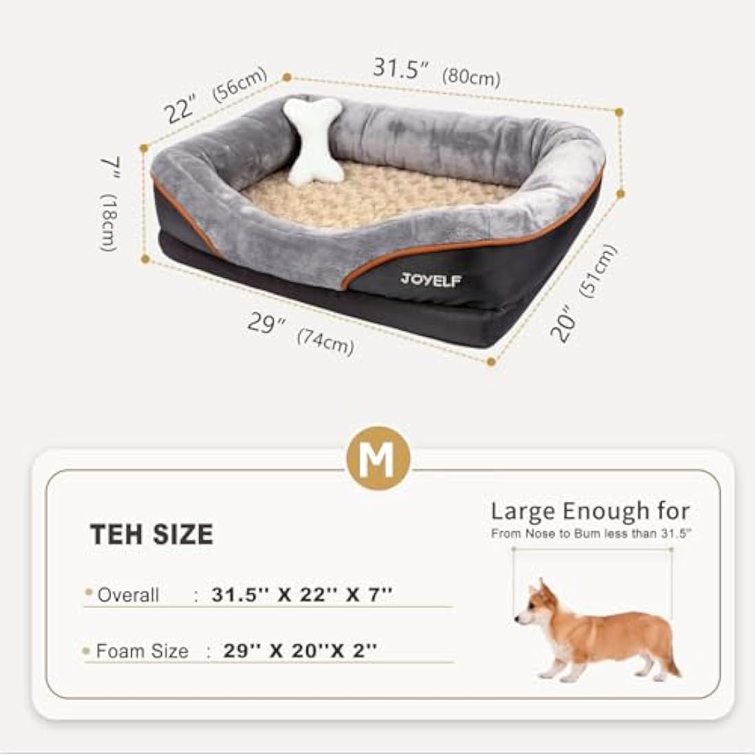JOYELF Orthopedic Memory Foam Dog Bed – Washable Bolster Sofa, Medium