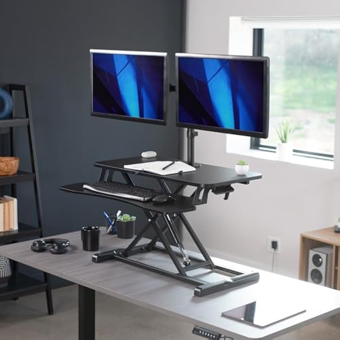 VIVO Standing Desk Converter with Dual Monitor Mount - 81cm Black Riser